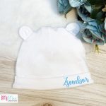 Névre szóló újszülött baba sapka kék felirattal kisfiúnak