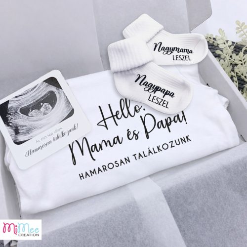 Bababejelentő ajándékcsomag nagyszülőknek – Hello, Mama és Papa szett