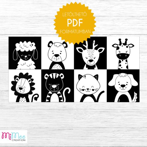 Monokróm babakártyák - állat fejek - letölthető pdf formátumban