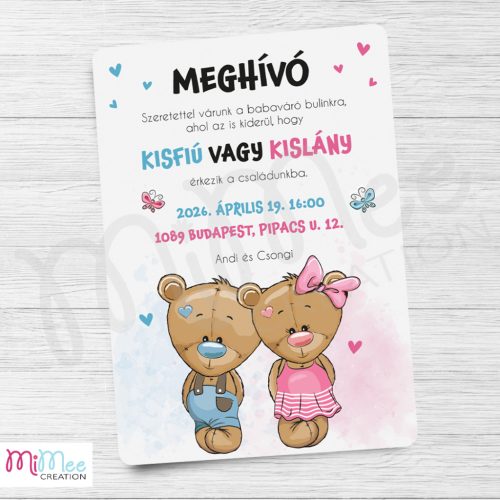 Babaváró buli meghívó – kisfiú és kislány macis meghívó (A/5)