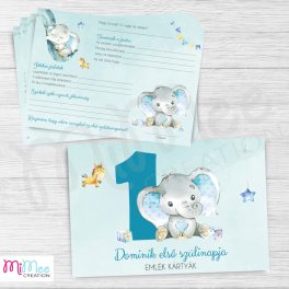   Kék elefántos első szülinapi emlékkártyák - családi csomag