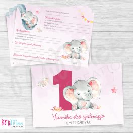   Rózsaszín elefántos első szülinapi emlékkártyák - családi csomag