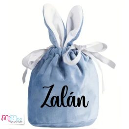   Nyuszi füles bársony húsvéti kis szütyő névvel - kékes szürke