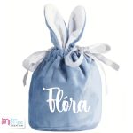 Nyuszi füles bársony húsvéti kis szütyő névvel - kékes szürke