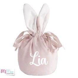   Nyuszi füles bársony húsvéti kis szütyő névvel - púder rózsaszín