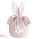 Nyuszi füles bársony húsvéti kis szütyő névvel - púder rózsaszín