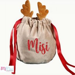   Rénszarvas agancsos bársony Mikulás kis szütyő névvel - barna aganccsl