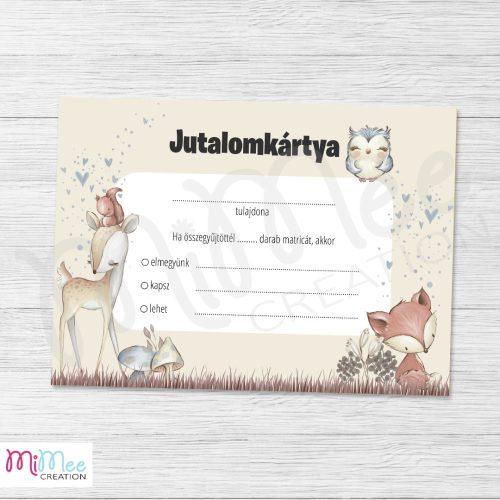 Erdei állatos, őzikés jutalomkártya