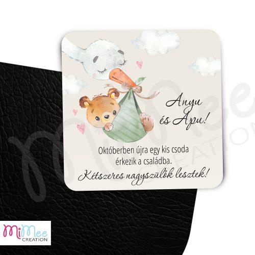 Gólyás maci bébis bejelentő lap, üdvözlő lap - 9x9 cm