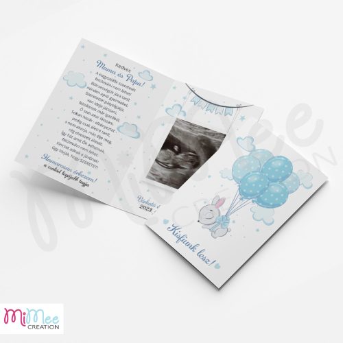 Nyuszi bébis bababejelentő ultrahang képpel - kinyitható - kék
