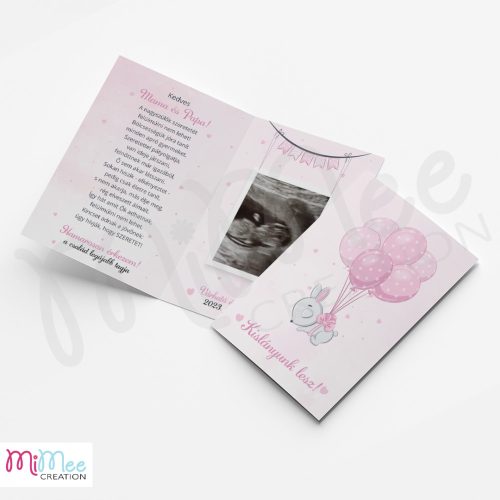 Nyuszi bébis bababejelentő ultrahang képpel - kinyitható - rózsaszín