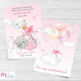 Gólyás, elefánt bébis bababejelentő lap - rózsaszín