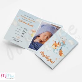   Gólyás, róka bébis fényképes baba születés bejelentő lap - kinyitható - kék