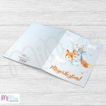 Gólyás, róka bébis fényképes baba születés bejelentő lap - kinyitható - kék