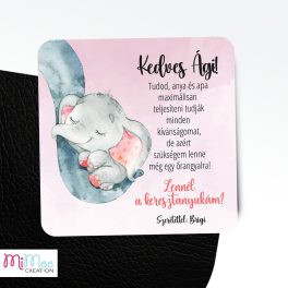   Elefánt ormányos keresztszülő felkérő lap, rózsaszín - 14x14cm