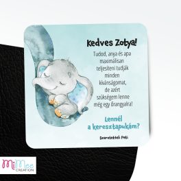   Elefánt ormányos keresztszülő felkérő lap, kék - 14x14cm