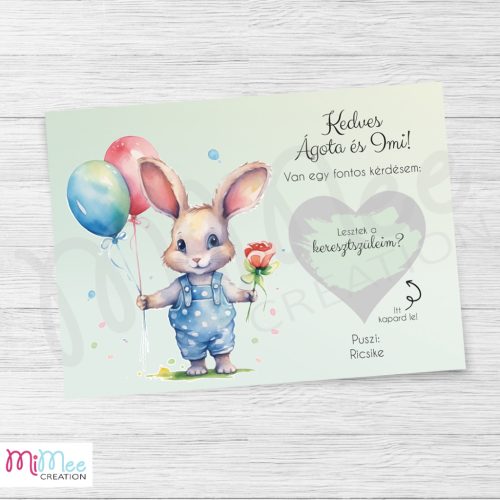 Keresztszülő felkérő kaparós lap - nyuszi lufikkal - A/6