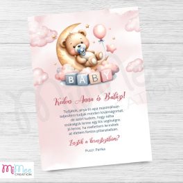   Maci a felhőkön keresztszülő felkérő lap - rózsaszín - A/6