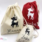 Mikulás zsák keresztnévvel, rénszarvassal - kicsi natúr