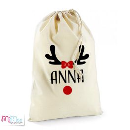   Mikulás zsák keresztnévvel, masnis rénszarvas aganccsal - kicsi natúr