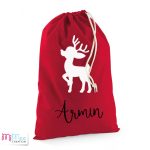 Mikulás zsák keresztnévvel, rénszarvassal - kicsi piros