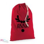 Mikulás zsák keresztnévvel, masnis rénszarvas aganccsal - nagy piros
