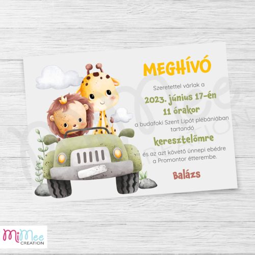 Autós szafaris, zsiráfos, oroszlános keresztelő meghívó, szülinapi meghívó