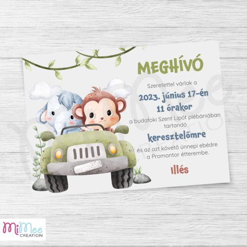 Autós szafaris, elefántos, majmos keresztelő meghívó, szülinapi meghívó