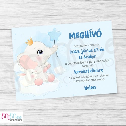 Elefánt kék csillag lufival - keresztelő meghívó, szülinapi meghívó
