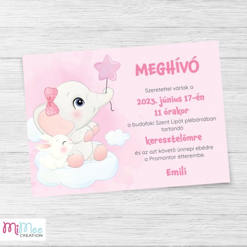 Elefánt rózsaszín csillag lufival - keresztelő meghívó, szülinapi meghívó