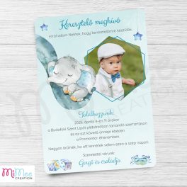   Elefánt ormányos, fényképes keresztelő meghívó, szülinapi meghívó - kék