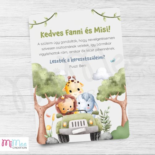 Autós szafaris állatos keresztszülő felkérő lap - A/6