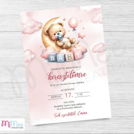   Maci a felhőkön keresztelő meghívó, szülinapi meghívó - rózsaszín - A/6