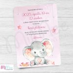 Ormányos elefántos keresztelő meghívó - rózsaszín