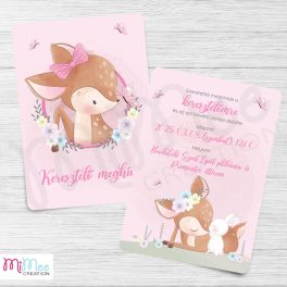   Őzike kislányos, nyuszis és virágos keresztelő meghívó - rózsaszín