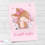 Őzike kislányos, nyuszis és virágos keresztelő meghívó - rózsaszín