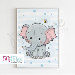   Elefántos, kék csíkos gyerekszoba poszter - A/4-es méretben