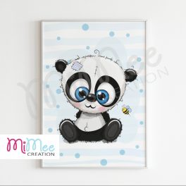   Panda macis, kék csíkos gyerekszoba poszter - A/4-es méretben