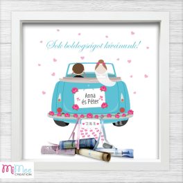   Kék autós nászajándék pénzátadó kép - 3D képkerettel