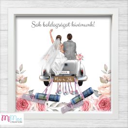   Integető ifjú pár fehér autóban nászajándék pénzátadó kép - 3D képkerettel